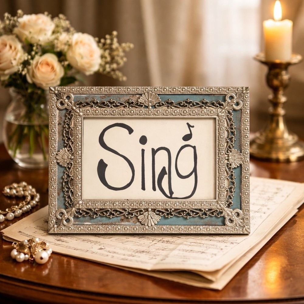 Vintage Ornate Metal Photo Frame With Blue Mat 5x7 "Sing" Insert Estate Find